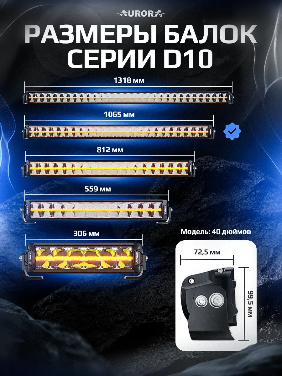 СВЕТОДИОДНАЯ БАЛКА 40" ДВУХРЯДНАЯ ДАЛЬНЕГО СВЕТА AURORA D10 ДХО Б/Ж